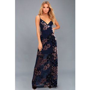 Lulus Midnight Love Navy Blue Velvet Floral Print Maxi Dress Small
